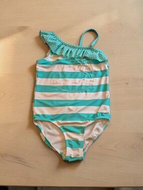 Hello Kitty Girls One-Piece Swimsuit in Aqua and White Stripes